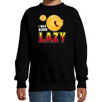 Funny emoticon sweater I was born lazy zwart kids