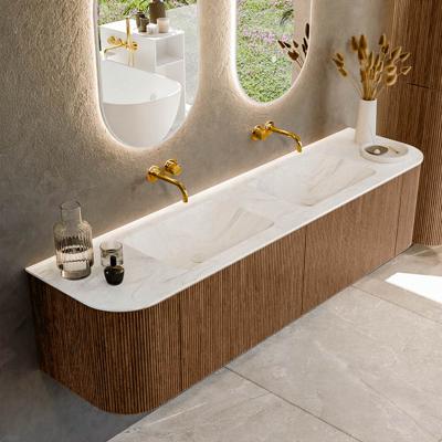 Mondiaz KURVE-DLUX 180 cm Onderkast Greeploos 2 Lades Met Deuren Walnut, Wastafel Solid Surface Dubbel Ostra 0 Kraangaten Zonder Spiegel (KRVLEA180L+R2L2D0KD-Wal/Ost)