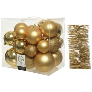 Kerstversiering kunststof kerstballen 6-8-10 cm met glitter folieslingers pakket goud van 28x stuks