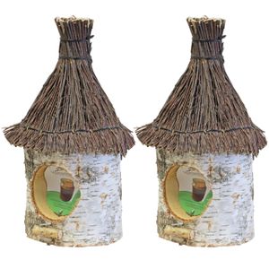 2x stuks vogelhuisje/voederhuisje/pindakaashuisje berkenhout met rieten/tenen dak 36 cm