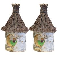 2x stuks vogelhuisje/voederhuisje/pindakaashuisje berkenhout met rieten/tenen dak 36 cm - thumbnail