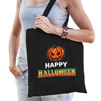 Pompoen / happy halloween trick or treat katoenen tas/ snoep tas zwart - thumbnail