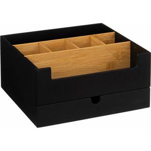 Make up/bureau organizer - zwart - 26 x 24 x 13 cm - bamboe hout - pennenbakje   -