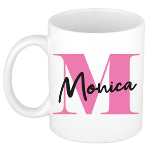 Naam mok Monica - roze - wit - keramiek - 300 ml - verjaardag/cadeau beker