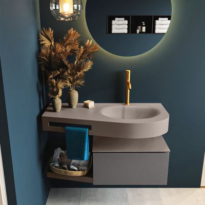 MONDIAZ RIVA 100cm badmeubel onderkast / planchet kleur Dark_Grey met 1 lade. Wastafel DULCET rechts 1 kraangat kleur Smoke.