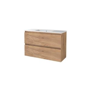 Basic-Line Start 39 badkamermeubelset - 100x39cm - greeploos - 2 lades - porseleinen wastafel - 1 kraangat - MFC Whisky Oak 1810007