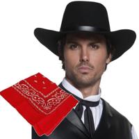 Cowboys verkleed set - volwassenen - Cowboyhoed zwart - met rode western zakdoek