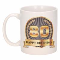Leeftijd 80 jaar Koffiebeker - Mok - Luxe print in zwart/goud - Wit - verjaardag cadeau - 300 ml