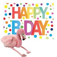 Pluche dieren knuffel flamingo 20 cm met Happy Birthday wenskaart - Vogel knuffels