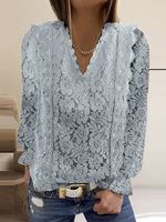 Lace Plain V Neck Casual Shirt