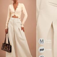 Bon&Bon Women's Wide Leg Suit Pants - Apricot Loose Casual Trousers Apricot / XS