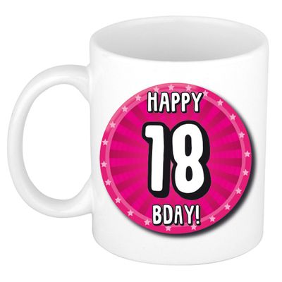 Verjaardag cadeau mok 18 jaar - roze - wiel - 300 ml - keramiek