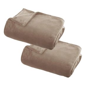 2x Stuks Fleece deken/fleeceplaid donker beige 125 x 150 cm polyester