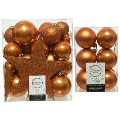Kerstversiering kunststof kerstballen met piek cognac bruin 5-6-8 cm pakket van 45x stuks