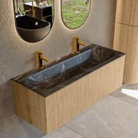 Mondiaz KURVE-DLUX 120 cm Onderkast Greeploos 1 Lade Zonder Deuren Oak, Wastafel Solid Surface Volledig Lava 2 Kraangaten Zonder Spiegel (KRVBGL1201L0D2KM-Oak/Lav)