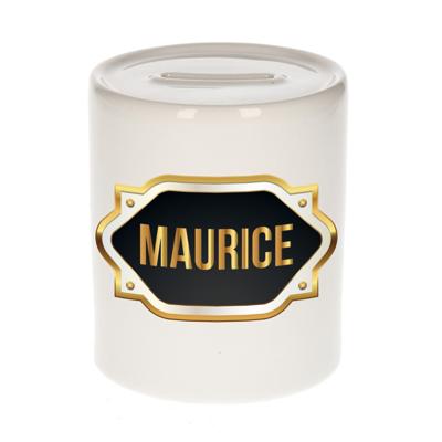 Spaarpot met voornaam Maurice - wit - goud/zwart embleem - 8 x 9 cm - keramiek - afsluitdop