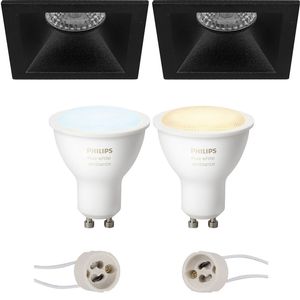 Pragmi Pollon Pro - Inbouw Vierkant - Mat Zwart - Verdiept - 82mm - Philips Hue - LED Spot Set GU10 - White Ambiance - Bluetooth