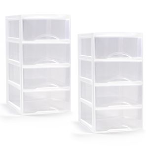 Ladeblokje/bureau organizer - 2x - 4 lades - transparant/wit - L26 x B36 x H49 cm - plastic