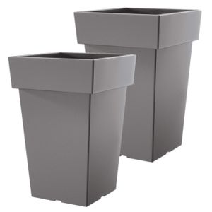 2x stuks hoge kunststof plantenpot/bloempot Square 23 cm/hoogte 35 cm steengrijs