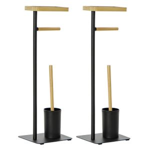 2x stuks toiletborstels met toiletrolhouder zwart kunststof/bamboe 67 cm