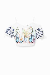 Korte aangerimpelde blouse met illustraties - WHITE - M