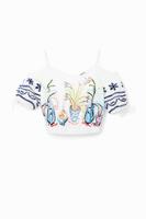 Korte aangerimpelde blouse met illustraties - WHITE - XL