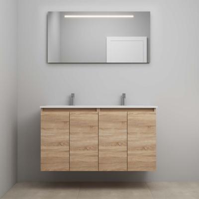 On-Line Badkamermeubelset - 120 cm - Voorgemonteerd - Greeploos 4 Deuren - Porseleinen Wastafel - 2 Kraangaten - Spiegel met LED-Verlichting - Eiken