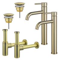 Fortifura Calvi Wastafelkraanset - voor dubbele wastafel - verhoogde wastafelkraan - always open plug - design sifon - Geborsteld Messing PVD (Goud) 2x SW720549/2x SW696208/2x SW696213