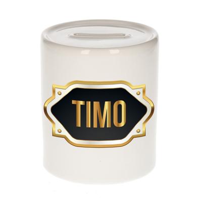 Spaarpot met voornaam Timo - wit - goud/zwart embleem - 8 x 9 cm - keramiek - afsluitdop Spaarpot met voornaam Timo - wit - goud/zwart embleem - 8 x 9 cm - keramiek - afsluitdop
