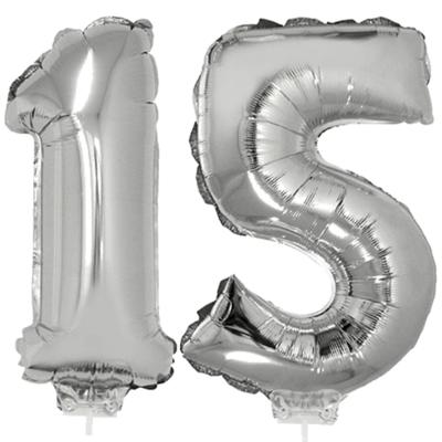 15 jaar leeftijd feestartikelen - versiering cijfers - ballonnen op stokje - van 41 cm - zilver 15 jaar leeftijd feestartikelen - versiering cijfers - ballonnen op stokje - van 41 cm - zilver