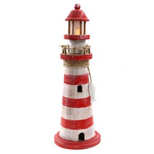 Vuurtoren beeldje met LED licht - Hout - 12 x 35 cm - wit/rood - Maritieme decoraties binnen