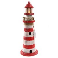 Vuurtoren beeldje met LED licht - Hout - 12 x 35 cm - wit/rood - Maritieme decoraties binnen - thumbnail