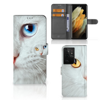 Samsung Galaxy S21 Ultra Telefoonhoesje met Pasjes Witte Kat - thumbnail