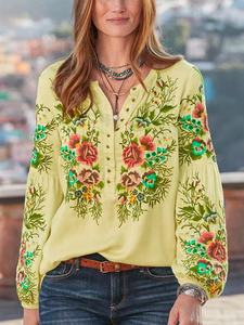 Casual Floral V Neck Long Sleeve Blouse