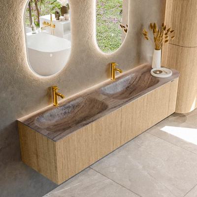 Badmeubel Mondiaz Kurve-Dlux | 175 cm | Meubelkleur Oak | Wastafelkleur Oza | Solid surface | Dubbel / Links spoelbak | 2 kraangaten