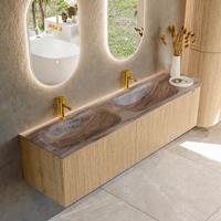 Badmeubel Mondiaz Kurve-Dlux | 175 cm | Meubelkleur Oak | Wastafelkleur Oza | Solid surface | Dubbel / Links spoelbak | 2 kraangaten