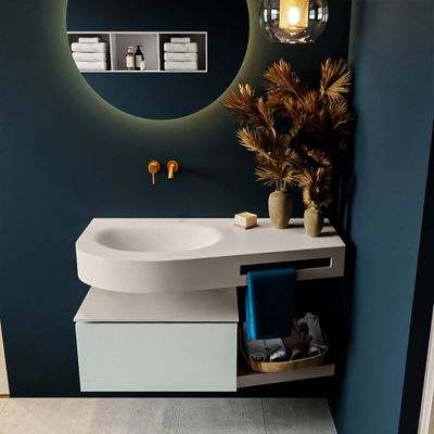 MONDIAZ RIVA 100cm badmeubel onderkast / planchet kleur Greey met 1 lade. Wastafel DULCET links 0 kraangaten kleur Linen.