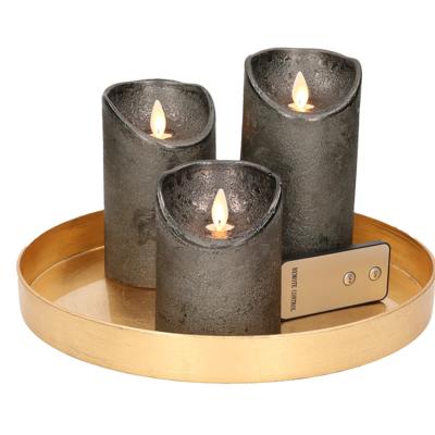LED-kaarsen set - goud kunststof plateau - met 3 LED kaarsen - antraciet grijs - flame effect - afst
