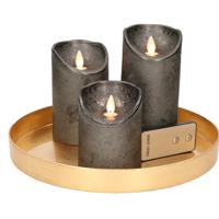 LED-kaarsen set - goud kunststof plateau - met 3 LED kaarsen - antraciet grijs - flame effect - afst