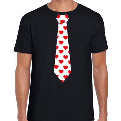 Valentijn thema - verkleed feest stropdas t-shirt - rode hartjes print - zwart - heren