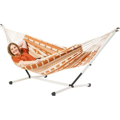 Eenpersoons hangmat met metalen standaard - 300x140cm - Oranje - 120kg draagkracht- 100% katoen - binnen & buiten