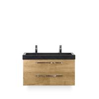 Seville Badmeubelset 100 cm - Natuur Eiken - Wastafel Hardsteen Wit Lucca 2 kraangaten