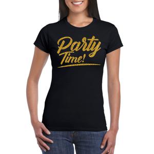 Bellatio Decorations Verkleed T-shirt voor dames - party time - zwart - goud glitter - carnaval 2XL  -