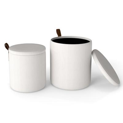 Set van 2 Ronde Krukken met Opbergruimte in Elkaar te Schuiven Krukken met Afneembare Deksels en Gestoffeerde Zittingen-Beige