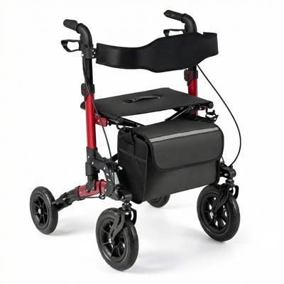Rollator voor Senioren Opvouwbare Looprek met Zitje Netrugleuning Vering Grote Voorwielen en Stokhouder Rollator met Opbergtas Max. Belasting 136 kg Mobiliteitshulpmiddel-Rood