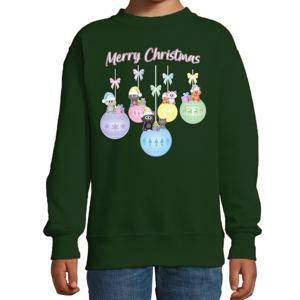 Kersttrui/sweater voor jongens/meisjes - pastel/groen - kerstballen - poesjes - Merry Christmas