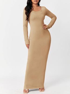 Apricot Bodycon Maxi Dress - Elegant Scoop Neck Long Sleeve Apricot / M