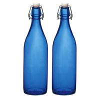 Bormioli rocco waterfles met beugeldop - 2x stuks - blauw transparant - 1000 ml - Giara home deco fl