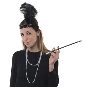 Charleston jaren 20/Roaring Twenties verkleedset - ketting/rookpijpje/haarband - voor dames