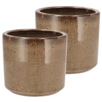 DK Design Bloempot rond model Brown Glaze - 2x - taupe - D15 x H17 cm - glanzend